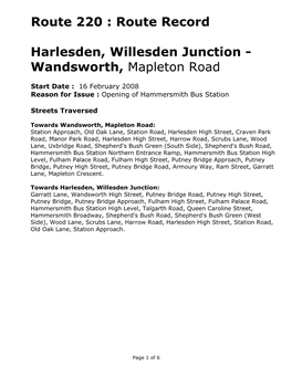 Route 220 : Route Record Harlesden, Willesden Junction