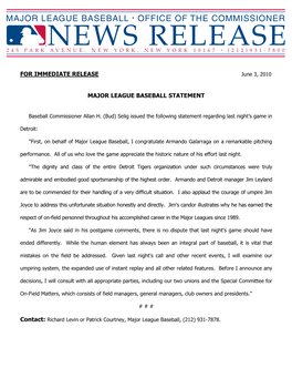 For Immediate Release Major League Baseball