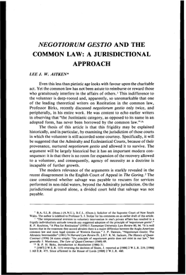 Negotiorum Gestio and the Common Law: a Jurisdictional Approach