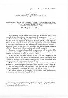 Contributi Alla Conoscenza Della Lepidotterofauna Dell'italia Meridionale