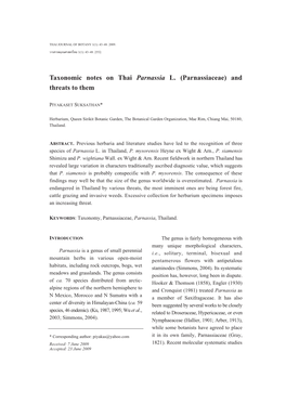 Taxonomic Notes on Thai Parnassia L. (Parnassiaceae) and Threats to Them