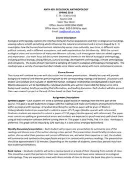 ECOLOGICAL ANTHROPOLOGY SPRING 2016 T, Th - 3:30 to 4:45 Alumni 203 Colin Thor West Office: Alumni 409D (966-5588) Office Hours: Wed