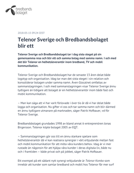 Telenor Sverige Och Bredbandsbolaget Blir Ett