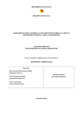 Repubblica Italiana Regione Siciliana Assessorato Dell'energia E Dei Servizi Di Pubblica Utilita' Dipartimento Dell'acqua