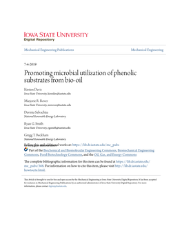 Promoting Microbial Utilization of Phenolic Substrates from Bio-Oil Kirsten Davis Iowa State University, Kirstdav@Iastate.Edu