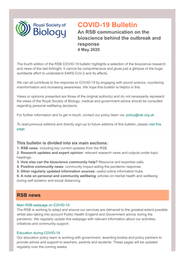 COVID-19 Bulletin an RSB Communication on the Bioscience Behind the Outbreak and Response 4 May 2020