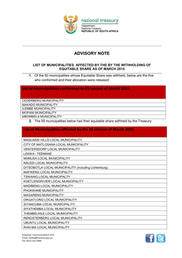 Advisory Note: List of Municipalities Affected by the Withholding Of