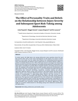 The Effect of Personality Traits and Beliefs on the Relationship Between Injury Severity and Subsequent Sport Risk-Taking Among Adolescents