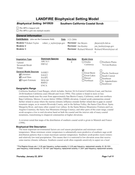 LANDFIRE Biophysical Setting Model Biophysical Setting 0410920 Southern California Coastal Scrub