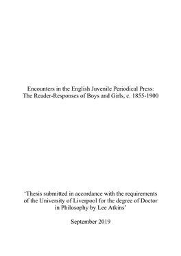 Encounters in the English Juvenile Periodical Press: the Reader-Responses of Boys and Girls, C