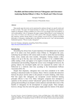 Parallels and Interactions Between Videogames and Literature: Analyzing Harlan Ellison's I Have No Mouth and I Must Scream