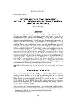 Determinants of Food Insecurity Among Rural Households in Debark Woreda, Northwest Ethiopia