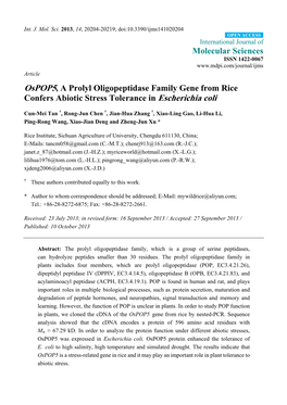 Ospop5, a Prolyl Oligopeptidase Family Gene from Rice Confers Abiotic Stress Tolerance in Escherichia Coli