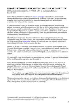 RESPONSES by MENTAL HEALTH AUTHORITIES to the Distribution Reports of “JUST US” in Each Jurisdiction