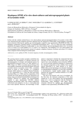 Headspace-SPME of in Vitro Shoot-Cultures and Micropropagated Plants of Lavandula Viridis