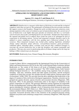 APPROACHES to MINIMIZING and OVERCOMING CURRENT BIODIVERSITY LOSS Aguoru, C.U.; Azua, E.T