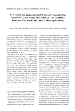 New Record and Geographic Distribution of Proceratophrys Caramaschii Cruz, Nunes, and Juncá, 2012 in the State of Piauí, Northeastern Brazil (Anura: Odontophrynidae)