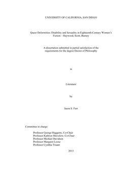 UNIVERSITY of CALIFORNIA, SAN DIEGO Queer Deformities: Disability and Sexuality in Eighteenth-Century Women's Fiction—Haywoo