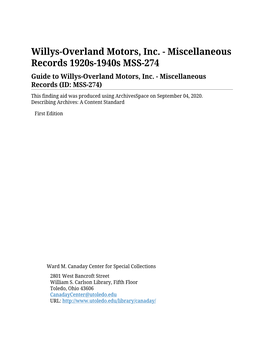 Willys-Overland Motors, Inc. - Miscellaneous Records 1920S-1940S MSS-274 Guide to Willys-Overland Motors, Inc