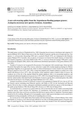 A New Orb-Weaving Spider from the Argentinean Flooding Pampas Grasses: Aculepeira Morenoae New Species (Araneae, Araneidae)