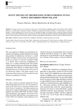 Seven Species of Freshwater Lichen-Forming Fungi Newly Recorded from Poland