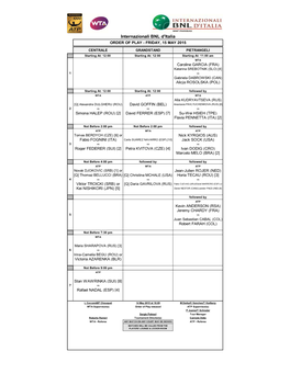 Internazionali BNL D'italia ORDER of PLAY - FRIDAY, 15 MAY 2015