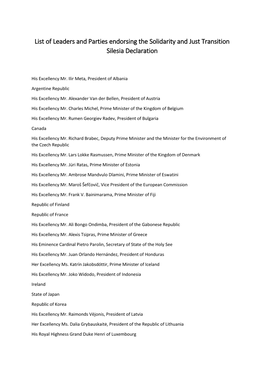 List of Leaders and Parties Endorsing the Solidarity and Just Transition Silesia Declaration