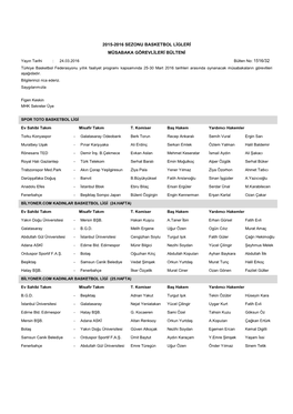 2015-2016 Sezonu Basketbol Ligleri Müsabaka Görevlileri Bülteni