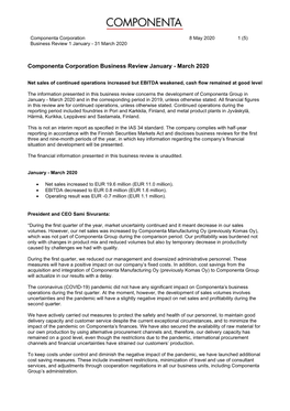 Componenta Corporation Business Review January - March 2020