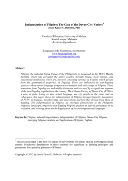 Indigenization of Filipino: the Case of the Davao City Varietya Jessie Grace U