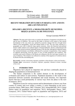 Recent Migration Dynamics in Reşita City and Its Area of Influence