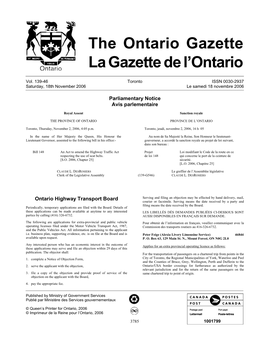 Ontario Gazette Volume 139 Issue 46, La Gazette De L'ontario Volume 139