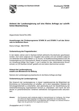 Antwort Der Landesregierung Auf Eine Kleine Anfrage Zur Schrift- Lichen Beantwortung