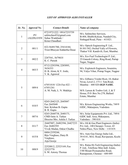 LIST of APPROVED ALDS INSTALLER Sr. No. Approval No. Contact Details Name of Company 1 PV (ALDS)/I/058 07219721222 / 09167253759