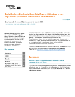 Bulletin De Veille Signalétique COVID-19 Et Littérature Grise : Organismes Québécois, Canadiens Et Internationaux