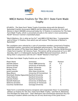WBCA Names Finalists for the 2011 State Farm Wade Trophy 2010-11