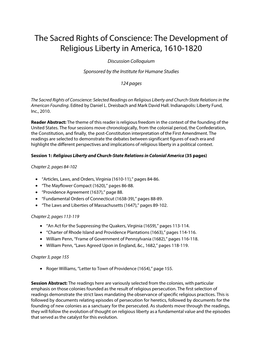 The Sacred Rights of Conscience: the Development of Religious Liberty in America, 1610-1820