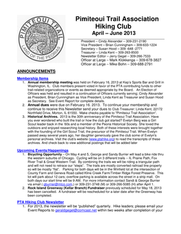 Pimiteoui Trail Association Hiking Club April – June 2013