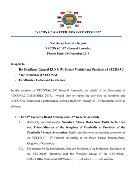 “VECONAC FOREVER, FOREVER VECONAC” Secretary-General's Report VECONAC 19Th General Assembly Phnom Penh, 10 December 2019
