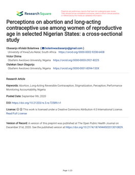 Perceptions on Abortion and Long-Acting Contraceptive Use Among Women of Reproductive Age in Selected Nigerian States: a Cross-Sectional Study