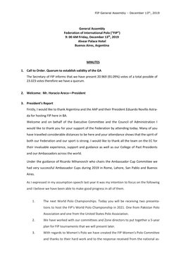 General Assembly Federation of International Polo (“FIP”) 9: 00 AM Friday, December 13Th, 2019 Alvear Palace Hotel Buenos Aires, Argentina