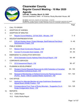 Regular Council Meeting - 10 Mar 2020 Agenda 9:00 AM - Tuesday, March 10, 2020 Council Chambers, 4340 – 47 Avenue, Rocky Mountain House, AB