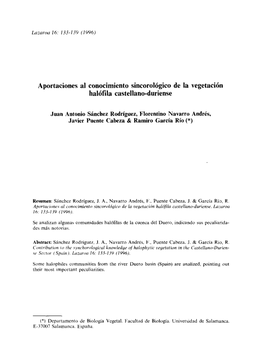Aportaciones Al Conocimiento Sincorológico De La Vegetación Halófila Castellano-Duriense