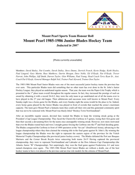 Mount Pearl 1985-1986 Junior Blades Hockey Team Inducted in 2007