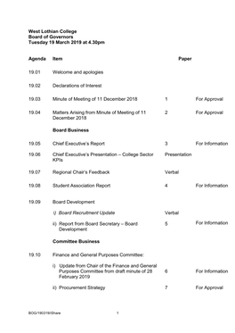 West Lothian College Board of Governors Tuesday 19 March 2019 at 4.30Pm