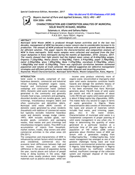 Characterization and Composition Analysis of Municipal Solid Waste in Kano, Nigeria