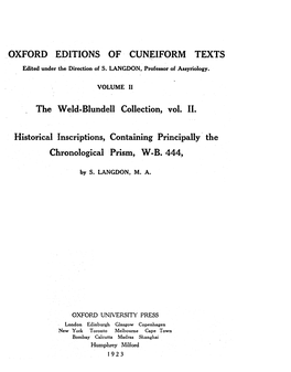 OXFORD EDITIONS of CUNEIFORM TEXTS the Weld-Blundell