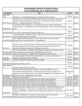 Genealogical Section of Selby Library List of All Books As of Februray 2014