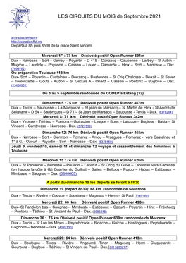 LES CIRCUITS DU MOIS De Septembre 2021