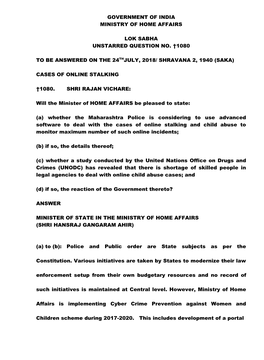 Government of India Ministry of Home Affairs Lok Sabha Unstarred Question No. †1080 to Be Answered on the 24Thjuly, 2018/ Shra